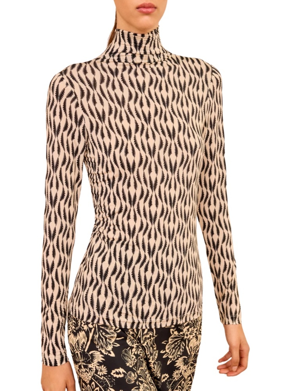 Ulla Johnson Aurelia Long-Sleeve Mock Neck Top in Black and Cream